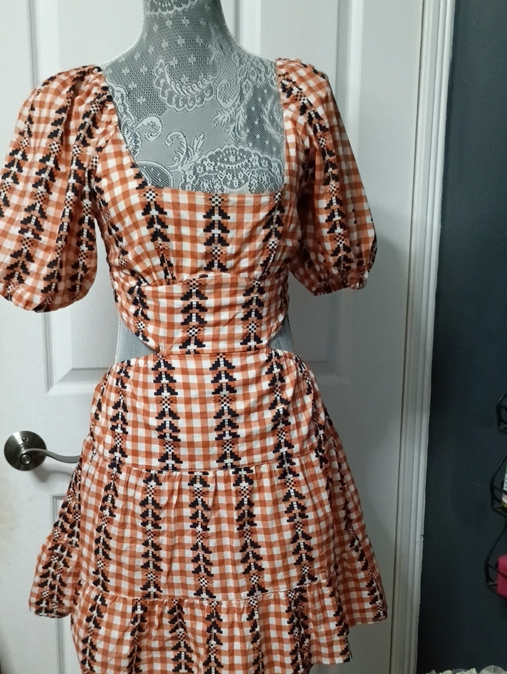 Reclaimed Vintage Orange Gingham Puff-Sleeve Mini Dress